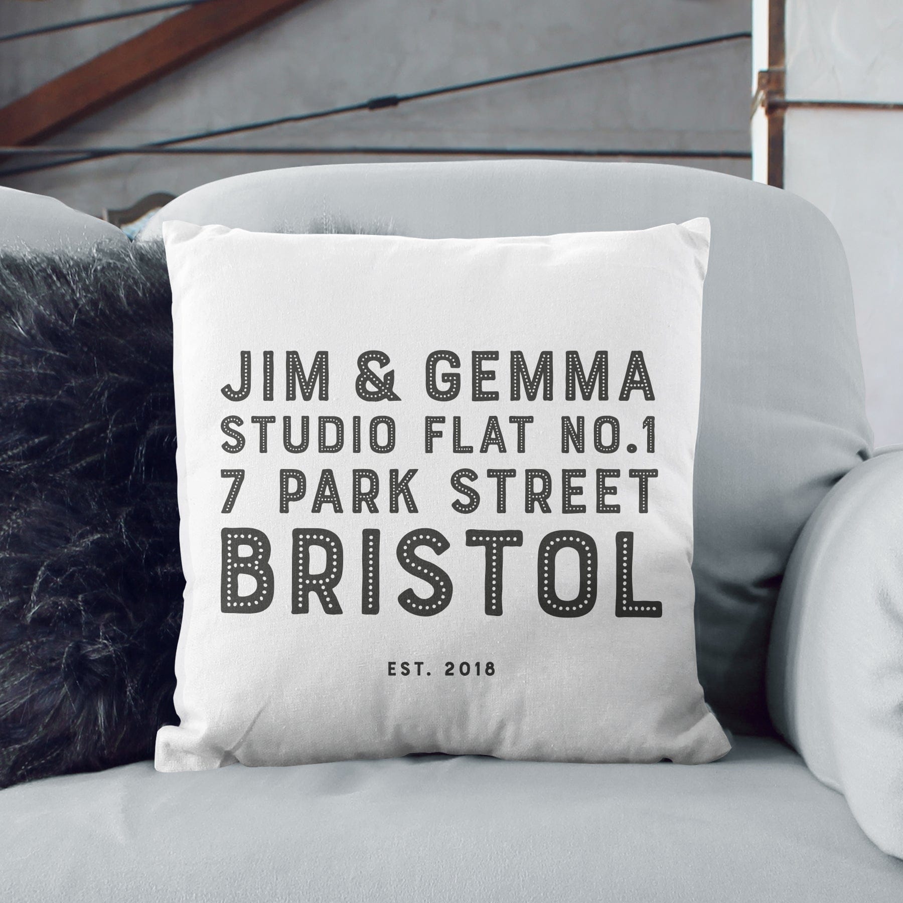 Personalised New Home Contemporary Cushion | Blue, Pink, Grey Or Black
