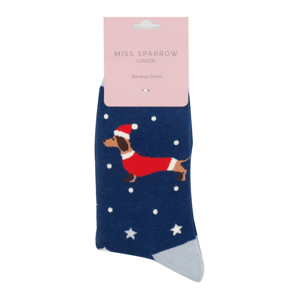 Navy Christmas Sausage Dog Socks