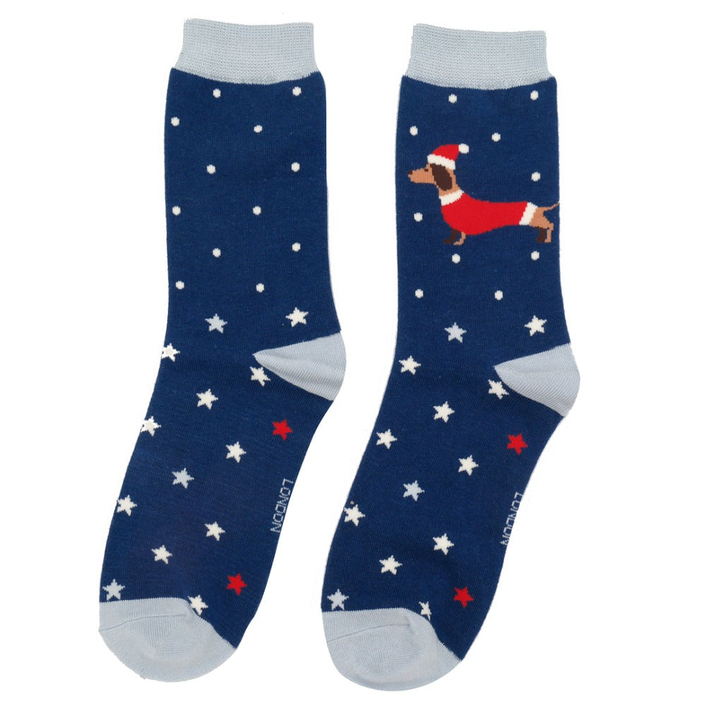 Navy Christmas Sausage Dog Socks