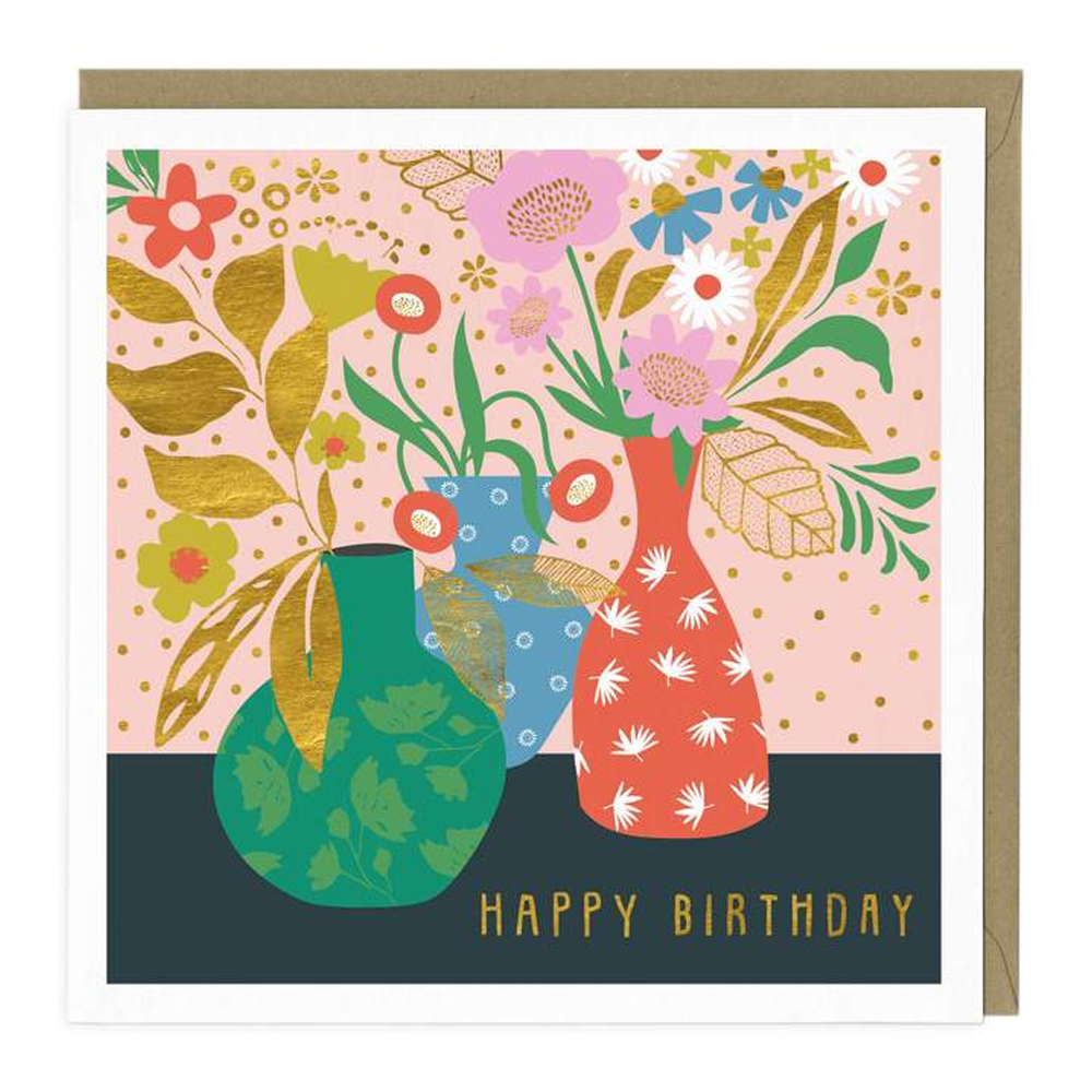 Colourful Floral Vases Happy Birthday Card