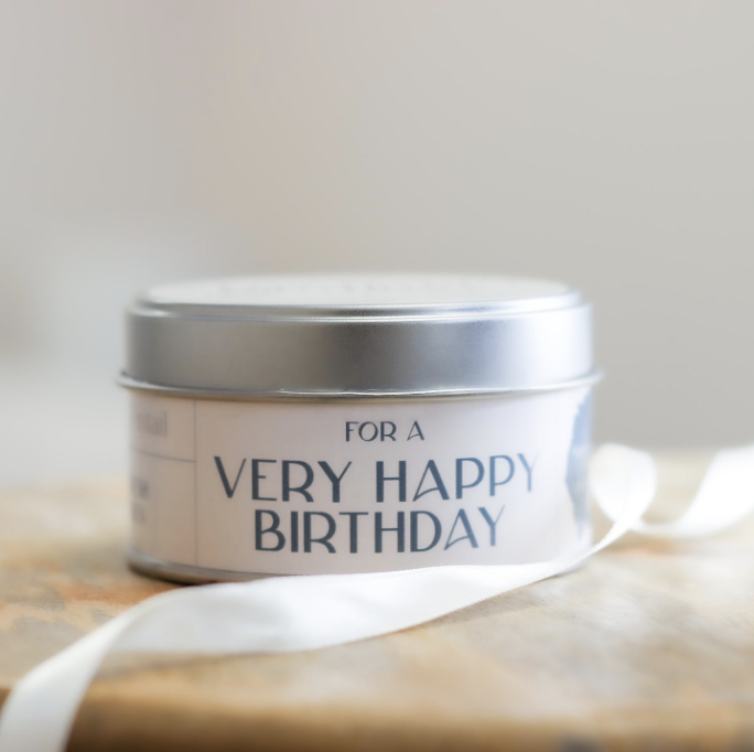 ‘Very Happy Birthday’ Fresh Linen Candle Tin