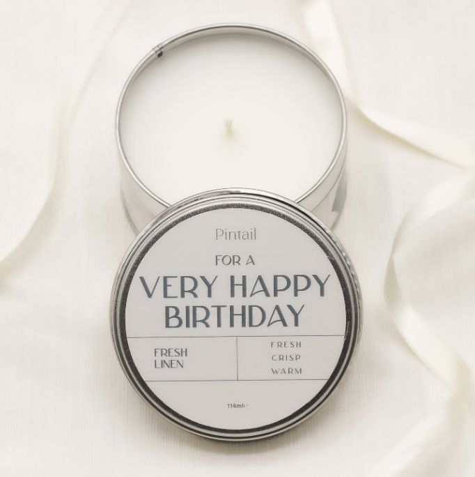 ‘Very Happy Birthday’ Fresh Linen Candle Tin