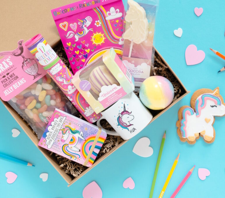 Childrens's care package gift box unicorn rainbows